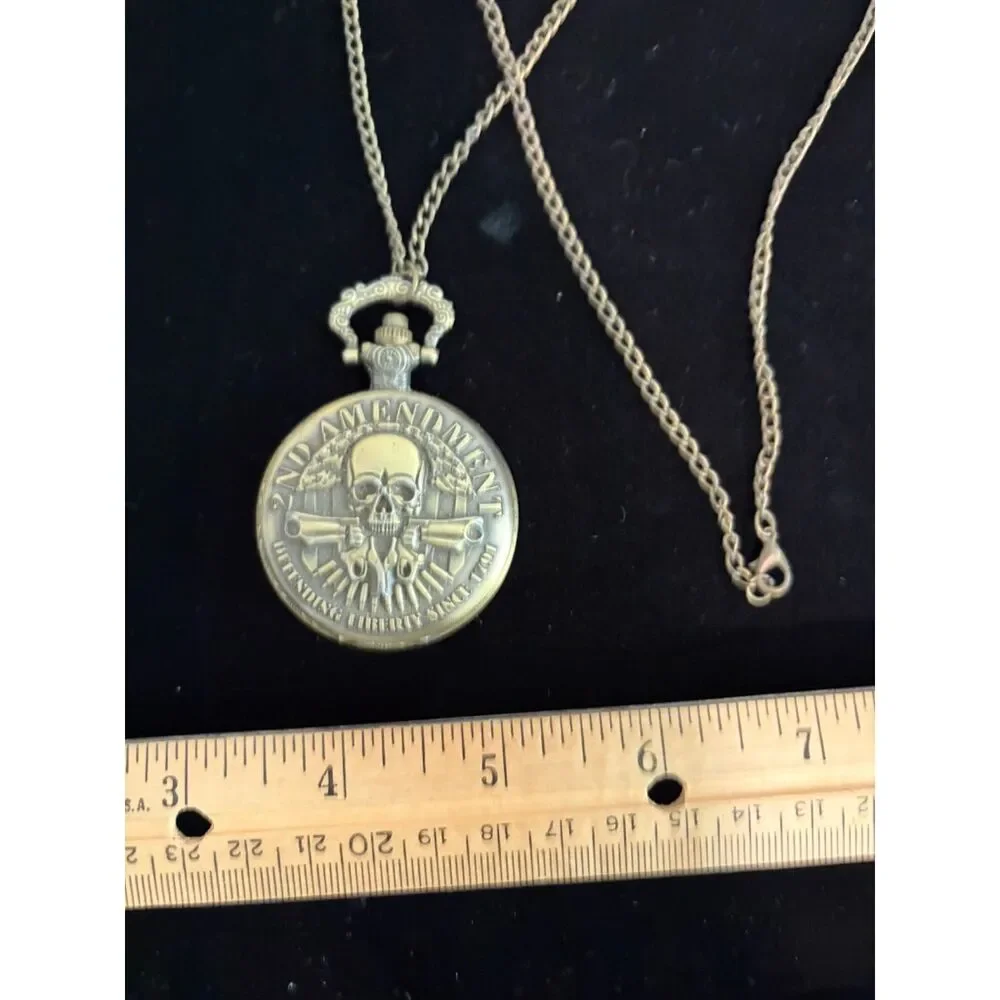 vtg. pocket watch with chain 2nd amendment skull quartz watch